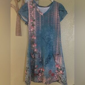 QFeefan Blue and Pink Floral Mini Dress with pockets